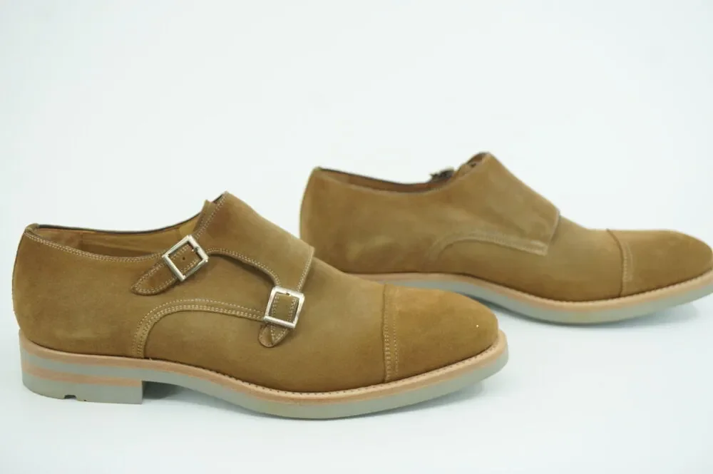 Magnanni Bernina Tan Suede Double Monk Strap Slip On Loafers Size 8 Saddle shoe